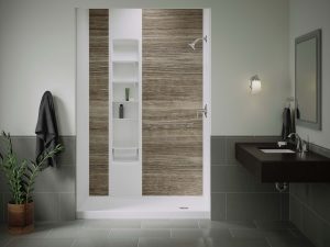 A luxury shower with built-in storage.