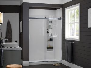 tub to shower conversion in grey bathroom