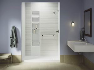 renovated walk-in shower with white walls